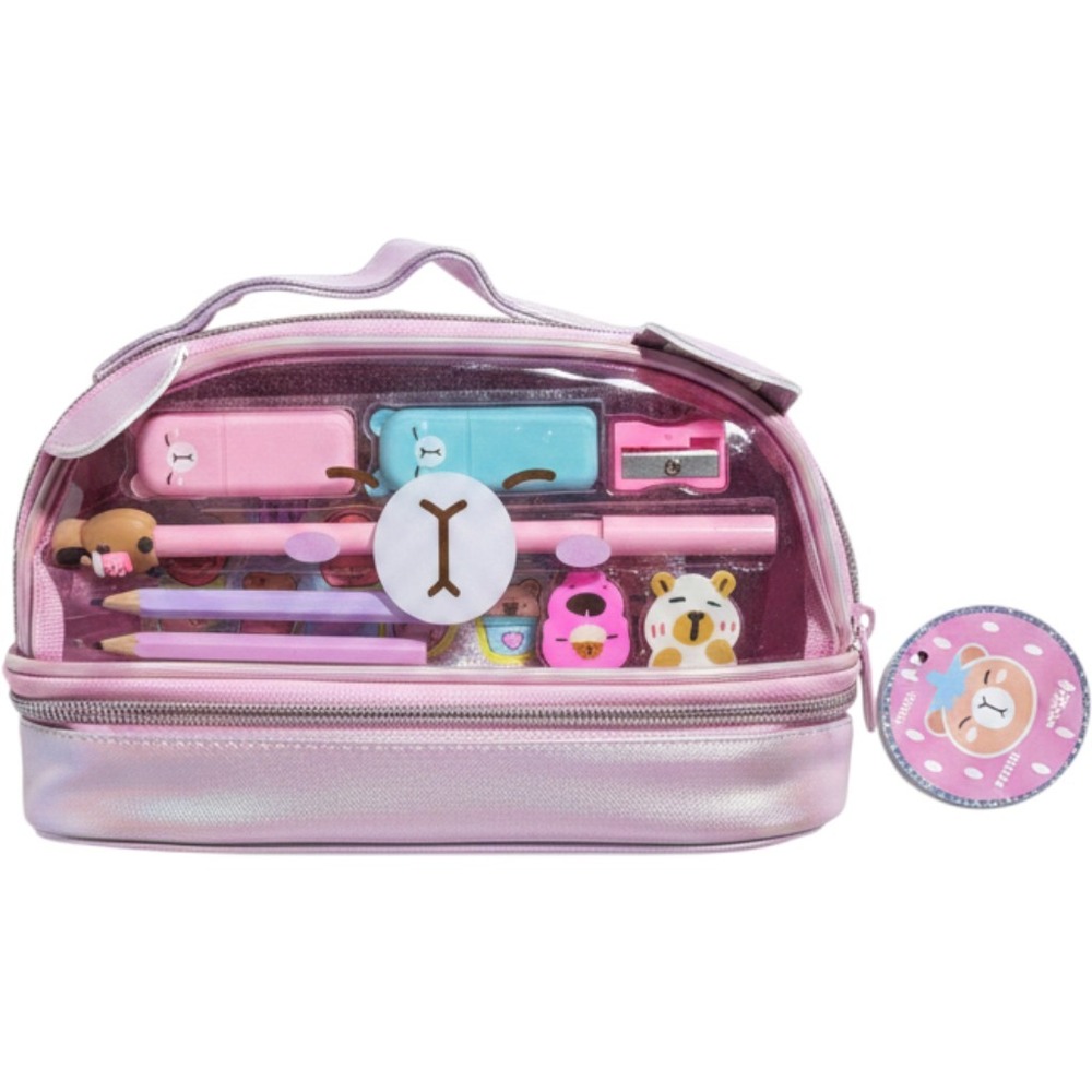 Kawaii Pink Bear Stationery Set Iridescent Double Compartment Case 8pc Kit NEW